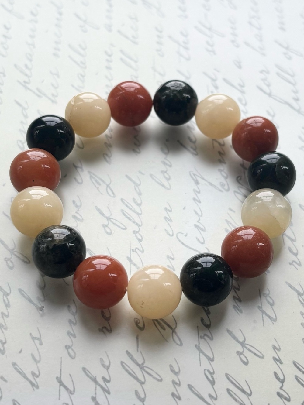 Chunky Natural Multi-Color Beaded Stretch Bracelet - Black, Yellow & Red Jade